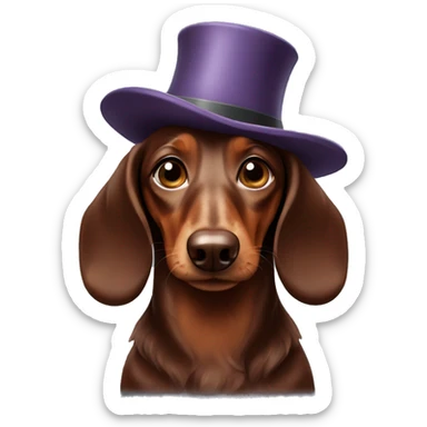 a chocolate long-haired dachshund in a hat sticker
