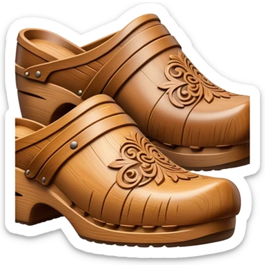 Cinematic Realistic Wooden Clogs Emoji, depicted as a pair of traditionally carved wooden clogs with intricate details and rustic charm. sticker