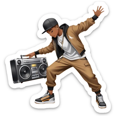 Icon for Street Dance: a dancer in urban streetwear performing a dynamic lower breakdance move, with a spray-painted background and a boombox on the asphalt. The icon should capture the energy, style, and creativity of street dance culture. Transparent background. sticker