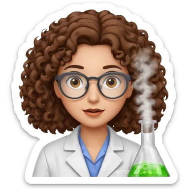 A crazy female scientist, with curly brown hair, brown eyes and grey glasses sticker