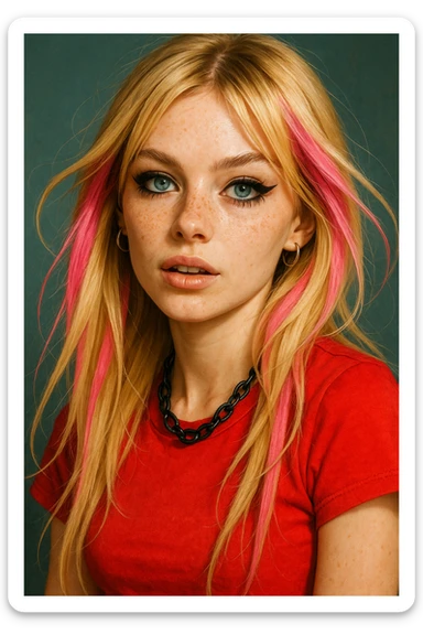 A blonde girl in Y2K punk style, blue eyes, long blonde hair with pink streaks, light black eyeshadow and eyeliner, freckles, fake lashes, red shirt, black necklace. sticker