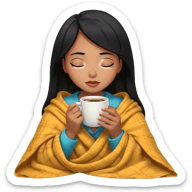 Black hair girl inside a blanket sipping coffee eyes closed sticker