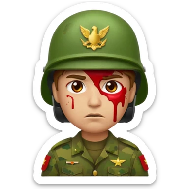 scowling soldier emoji with red skin tone, blood splatter on left cheek, wearing green helmet and military uniform, 2d apple emoji style sticker