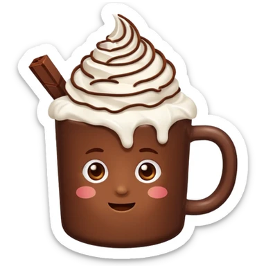 “hot chocolate emoji, whipped cream on top, chocolate shavings, cute, minimal, white background” sticker