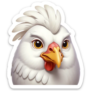 Cinematic Noble White Chicken Portrait Emoji, Poised and regal, with a compact, sturdy build and a pristine, well-groomed pure white plumage, deep-set soulful beady eyes, Simplified yet sharp and sophisticated features, highly detailed, glowing with a soft, dignified glow, high shine, intelligent and alert, stylized with an air of barnyard elegance, focused and attentive, soft glowing outline, capturing the essence of a watchful and confident fowl, so majestic it feels as though it could strut out of the screen with effortless authority! sticker