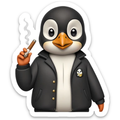 friendly anthropomorphised penguin wearing a mafia-style tracksuit, holding a cigar, confident pose, scheming soprano vibe sticker
