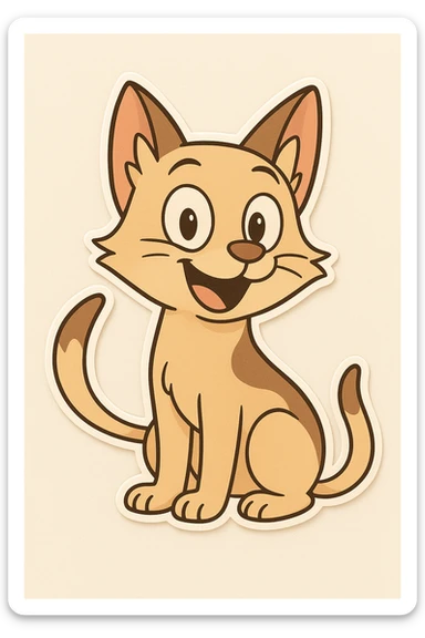 Make this happy dog-cat hybrid look more like a cat, emphasizing feline features such as pointed ears, slender face, and cat-like eyes, while keeping the joyful expression and cartoon style. sticker