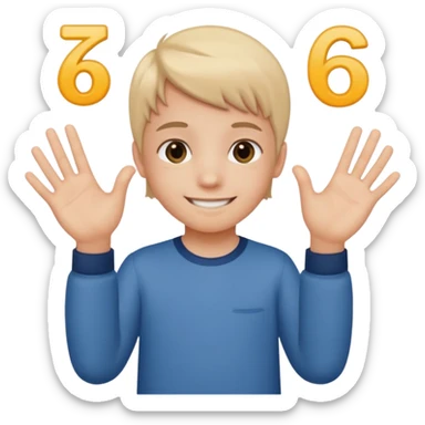 A kid holding a 6 on they left hand and 7 on right sticker