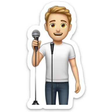 White Person men with brown hair and light skin on stage spotlight with microphone stand in front of him with show a sticker