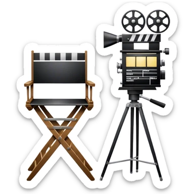 Icon for Directing: a director's chair, a film clapperboard, large movie camera and a stage with a spotlight. The icon should represent the creative and organizational aspects of directing, with focus on storytelling, staging, and performance. Transparent background. sticker