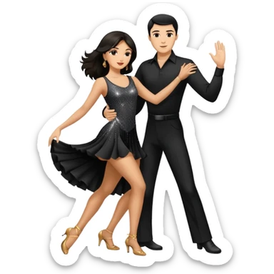 Dancesport professional latin couple dancing the rumba, the women is in skinny short sparkly dress, the man is in black shirt and black classic pants, the women has brown long hair, the man has short black hair  sticker