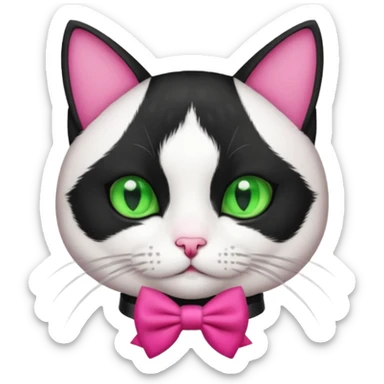 A black and white cat tuxedo breed head with green eyes she has a hot pink bow on her head  sticker