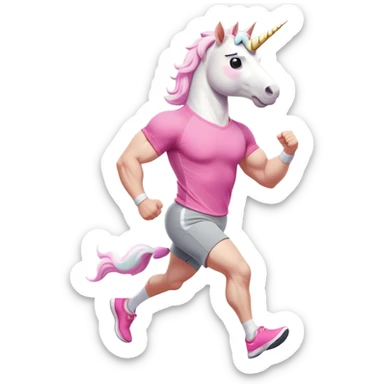 friendly anthropomorphised male white unicorn with a fit, chunky, muscular and strong physique, arms and legs matching the white of the head, in grey shorts and pink t-shirt, wearing dark sunglasses, jogging upright in a standard pose sticker