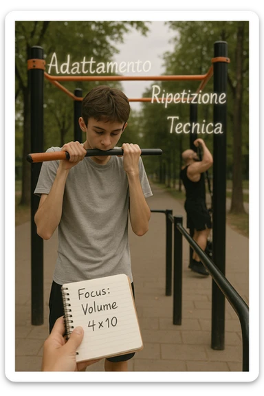 Giovane atleta principiante, fisico asciutto ma non muscoloso, si allena in uno street park con sbarra e parallele. Sta eseguendo serie lunghe di trazioni a corpo libero, concentrato sulla tecnica e sul controllo. Vicino a lui si vede un block notes con scritto a penna 'Focus: Volume, 4x10', mentre in lontananza un altro atleta molto più grosso fa una singola ripetizione con zavorra pesante. Il neofita guarda il suo diario, non gli altri. L’ambiente è sereno, luce naturale, atmosfera di crescita e disciplina. Sullo sfondo si intravedono i concetti scritti in aria con stile metaforico: 'Adattamento', 'Ripetizione', 'Tecnica', fluttuanti accanto a lui sticker
