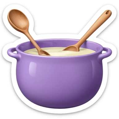 a lilac ceramic mixing bowl with a wooden spoon stirring sticker
