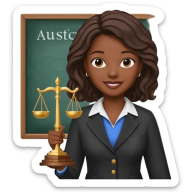 Black teacher/professor looking like the fictional character Annalise Keating from How To Get Away With Murder, holding a statue of justice and with a school black board in the background sticker