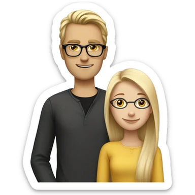 A Swedish girl with blonde long hair in a ponytail who loves an English tall skinny guy with rectangular black glasses, BROWN shoulder length  hair sticker