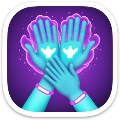 futuristic glowing clapping hands, purple and cyan glow, dark background sticker
