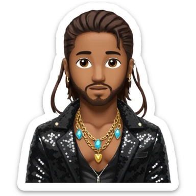 Omarion with long dark brown hair, black sequin jacket, shirtless with necklace sticker