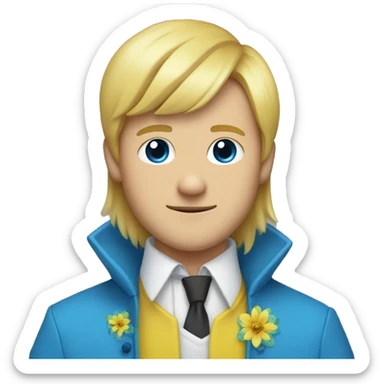 A blonde guy with 2 bangs,left eye blue,right eye yellow,a big white shirt,a yellow coat with a big blue flower shape crystal in the middle of the coat sticker