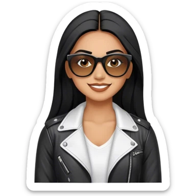 beautiful fit woman, with long straight black hair, with make up, black eye liner, smile mooth close, mexican, brown skin, wearing white tee, wearing leather black jacket, solar black wayfarer on the tip of the nose sticker