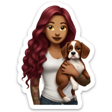 Beautiful tattooed  burgundy long haired woman holding a boxer puppy sticker