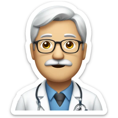 Man 65 years old, Japanese, overweight, with mustache and beard only around mouth, a doctor, wears glasses sticker