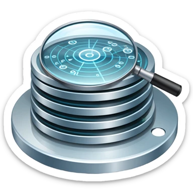 An icon featuring stacked server disks, a digital network grid, and binary code, symbolizing databases. The design includes data flow arrows and a magnifying glass, representing storage, organization, and retrieval of information. Transparent background highlights data-driven technologies. sticker