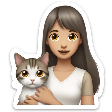 A girl with long straight brown hair and bangs, brown eyes, holding a gray and white calico cat and a tabby cat in each hand sticker