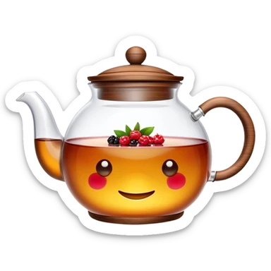 Cinematic realistic emoji with an attractive image of a transparent teapot with a realistic wooden lid filled with tea with berries, rich texture, without unnecessary decoration sticker