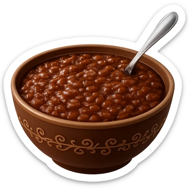 Make the champorado look like chocolate mixed with congee, with visible rice grains in a thick, glossy chocolate porridge, realistic texture, appetizing and true-to-life, keep the background transparent. Realistic and detailed food texture. sticker