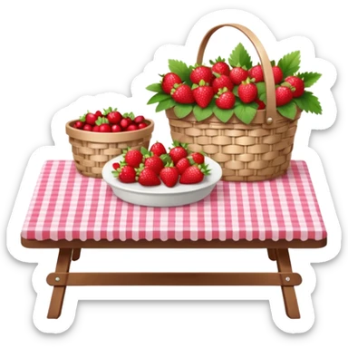  A cute picnic table with Gingham plaid print table cloth, with a small basket of strawberries, cherries, pink flowers, hyperrealistic, still life. 4k hd professional quality  sticker