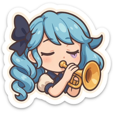 chibi style emote of Gwen from League of Legends, just the head, right eye purple, playing a trumpet, eyes closed sticker