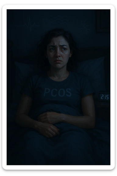 realistic and cinematic vertical illustration of a woman with PCOS in bed, showing signs of discomfort, agitation, insomnia, and symbols representing autonomic nervous system imbalance, nighttime atmosphere, very few writings, 2:3 aspect ratio sticker