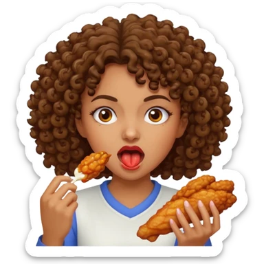 brunette curly haired girl eating a chicken wing while being mad sticker
