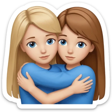 two Girls, Brown and Blonde hair, with Blue Eyes hugging one has Brown hair sticker