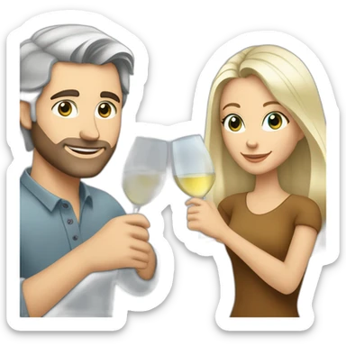 caucasian woman with brown eyes and blond medium long hair and a caucasian man with blue eyes and grey hair, toasting with a glass of white wine sticker