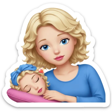 Girl Blonde short wavy hair,  blue eyes, cute blue top, long lashes, pink lips, sleeping sticker