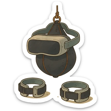 ghibli style illustration of a speed bag with VR headbands and headwrists sticker