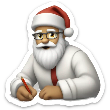 White Santa Claus is sitting on a desk, writing something down on a sheet of paper, solving complicated math puzzles sticker