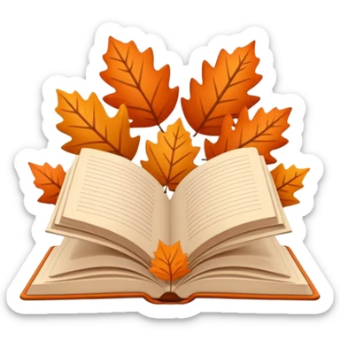 Minimal flat emoji of an open book with autumn leaves around it, cozy fall theme, simple line art, neutral beige background, black outlines, subtle orange and brown accents, clean modern style inspired by Notion graphics, symbolizing a Fall Reading Challenge. sticker