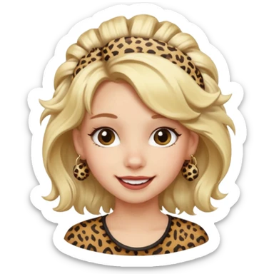Une fille blonde et joyeuse. Elle porte une coiffure rock et originale avec des barrettes pour cheveux  léopard et motif peau de vache. sticker