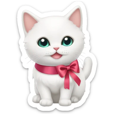 cute white munchkin cat with a ribbon collar and a ribbon clip sticker