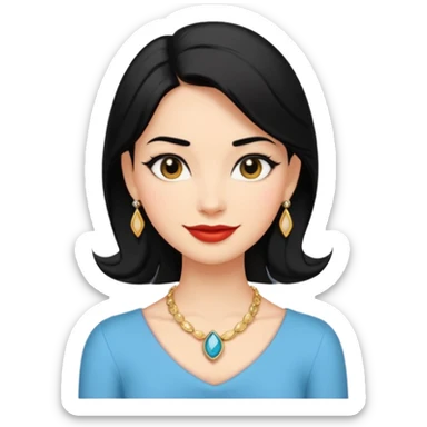 A confident, stylish female cartoon character with black hair, sly smile, flirtatious eyes, elegant pose, jewelry hints, minimalist, high-contrast colors, designed as a small, bold emoji icon. sticker
