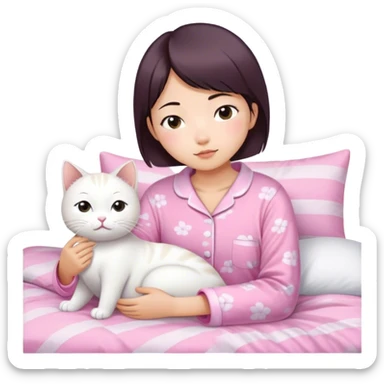 Short hair Asian girl wake up with white cat in pink pj sticker