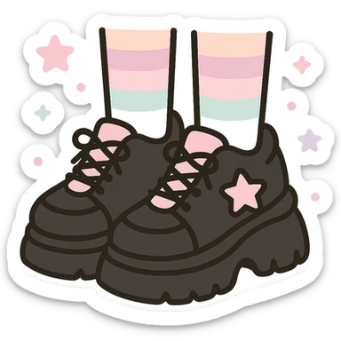 BLACKPINK-inspired gothic shoes, no hearts, black and pink, cute and stylish, kawaii style, chunky sneakers with star accents, pastel striped socks sticker