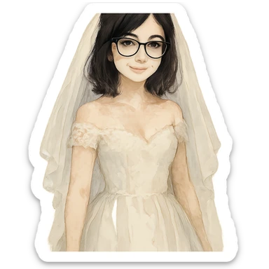 watercolor style girl with black hair in glasses in a wedding dress sticker