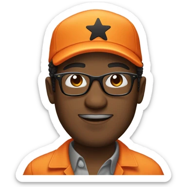 An african american man in an orange jumpsuit with black glasses and a star on his orange hat. sticker