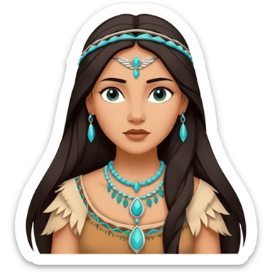 Cinematic Elegant Pocahontas Portrait Emoji, rendered in a realistic, vector-style with minimal shading and bold, simplified shapes. Depict Pocahontas (chest and above) with warm, sun-kissed skin, long, flowing dark hair, and gentle, wise eyes, wearing traditional attire in earthy tones with hints of turquoise. The image glows with a soft, natural radiance and high shine, embodying timeless indigenous beauty. sticker