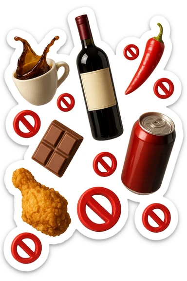 caffeina, alcolici, cibi piccanti, fritti, cioccolato e bevande gassate cadono dall'alto con piccoli divieti in 3d, iperrealistico 4k sticker